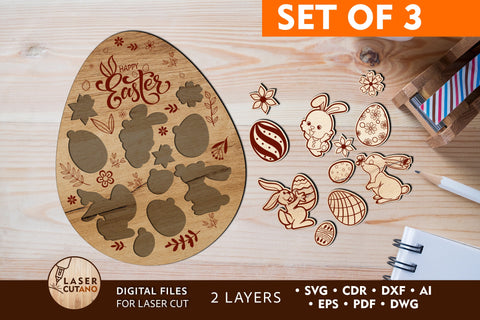 EASTER EGG Puzzle SET OF 3 Laser Cut Files, Easter Kids Designs, Multilayer Laser Cut Files, Mandala, Round Sign SVG, 3D Designs, Mini Design Bundles SVG LaserCutano 