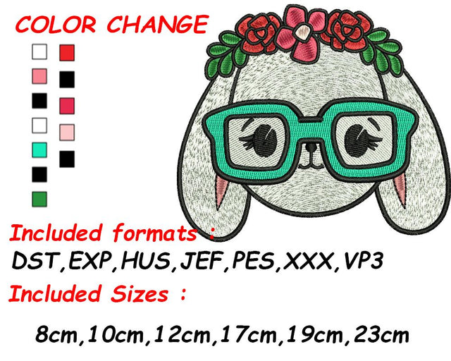 Easter Embroidery, Easter Bunny, Bunny Embroidery, Bunny Head, Cute Bunny, Rabbit with Glasses Embroidery/Applique DESIGNS SVG Digital Designer 