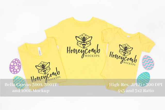 Easter Family Mockup, Mommy and Me Mockup, Yellow Bella Canvas 3001, 3001T, and 100B Mock Up Photo Honeycomb Mockups 