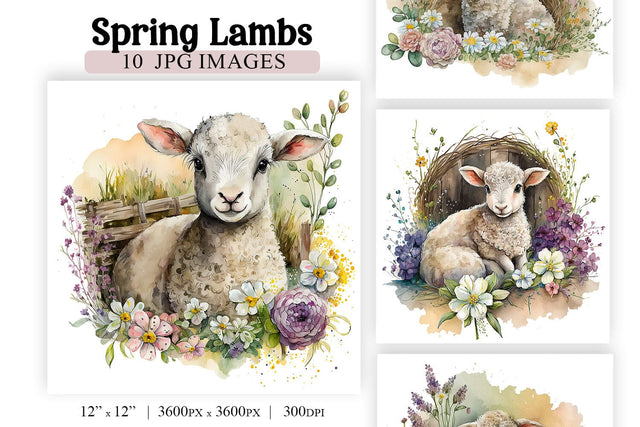 Easter Lambs Watercolor Spring Floral Background Bundle Sublimation BijouBay 