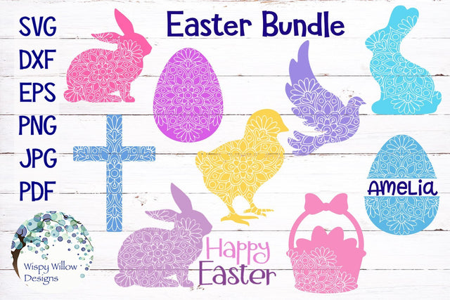 Easter Mandala Bundle | Eggs, Bunny, Dove, Cross, Basket, Chick SVG Wispy Willow Designs 