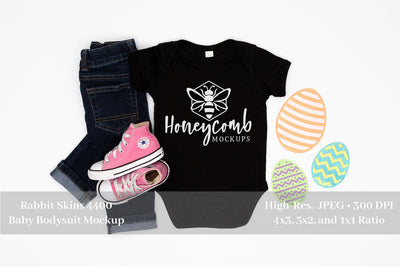 Easter Mockup, Black Rabbit Skins 4400 Mockup, Baby Girl Mockup, Black Baby Bodysuit Mockup Mock Up Photo Honeycomb Mockups 