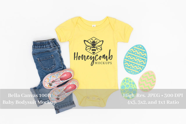 Easter Mockup, Yellow Bella Canvas 100B Mockup, Baby Girl Mockup, Baby Bodysuit Mockup Mock Up Photo Honeycomb Mockups 