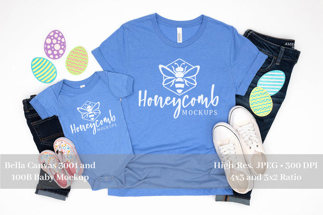 Easter Mommy and Me Mockup, Mom and Baby Girl Mockup, Heather Columbia Blue Bella Canvas 100b and 3001 Mock Up Photo Honeycomb Mockups 