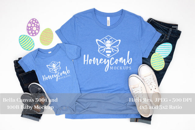 Easter Mommy and Me Mockup, Mom and Son Mockup Heather Columbia Blue Bella Canvas 100B and 3001 Mock Up Photo Honeycomb Mockups 