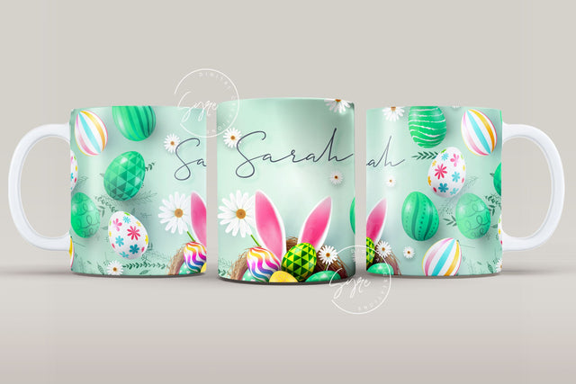 Easter Mug Design, Add Your Name, Bunny PNG, Rabbit Design Mug, Easter Egg Pattern, 11 & 15 Oz Mug Cricut Press Sublimation Wrap Sublimation Syre Digital Creations 