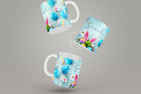 Easter Mug Design, Add Your Name, Bunny PNG, Rabbit Design Mug, Easter Egg Pattern, 11 & 15 Oz Mug Cricut Press Sublimation Wrap Sublimation Syre Digital Creations 