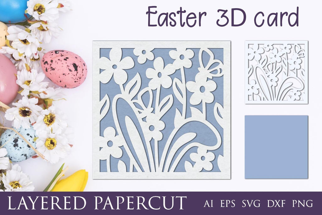 Easter papercut card, 3d layered bunny ears with flowers svg - So Fontsy