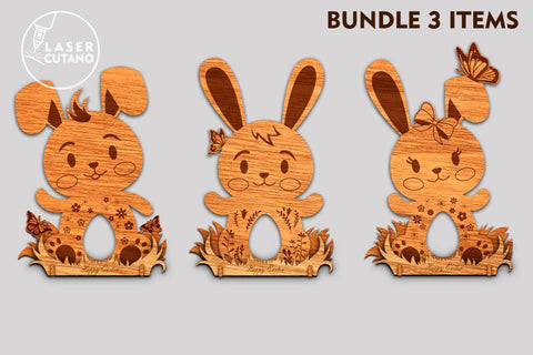 EASTER RABBITS EGG HOLDERS SET OF 3 Multilayer Laser Cut File, 3D Designs, Mini Design Bundles SVG LaserCutano 