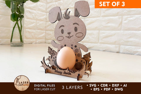 EASTER RABBITS EGG HOLDERS SET OF 3 Multilayer Laser Cut File, 3D Designs, Mini Design Bundles SVG LaserCutano 