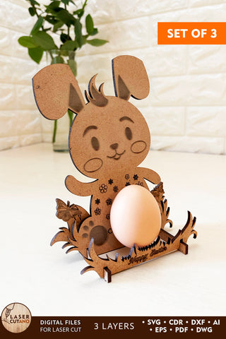 EASTER RABBITS EGG HOLDERS SET OF 3 Multilayer Laser Cut File, 3D Designs, Mini Design Bundles SVG LaserCutano 