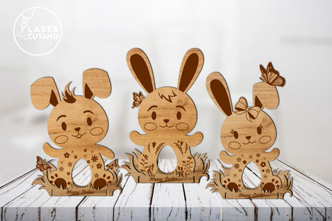 EASTER RABBITS EGG HOLDERS SET OF 3 Multilayer Laser Cut File, 3D Designs, Mini Design Bundles SVG LaserCutano 