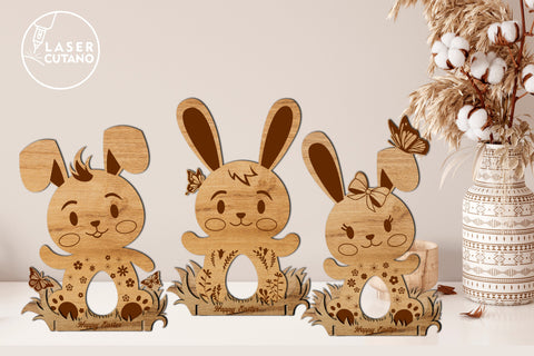 EASTER RABBITS EGG HOLDERS SET OF 3 Multilayer Laser Cut File, 3D Designs, Mini Design Bundles SVG LaserCutano 