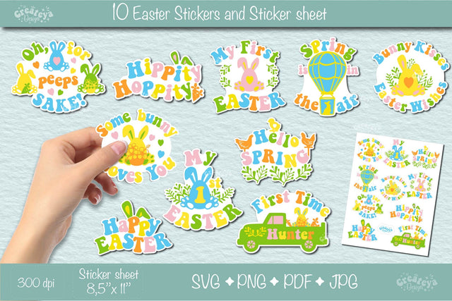 Easter stickers Bundle SVG| Kids Sticker PNG| Groovy Retro sticker sheet SVG Createya Design 