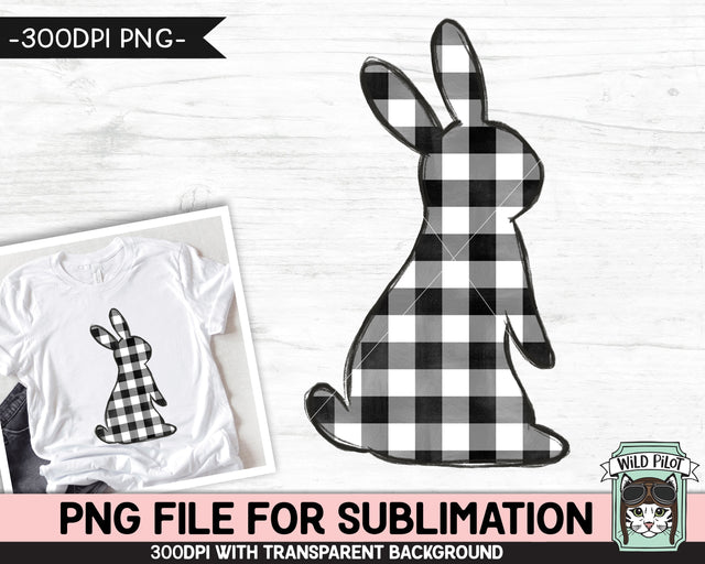 Easter SUBLIMATION design PNG, Black White Buffalo Plaid Bunny png file, Bunny Rabbit silhouette sublimation, Kids Easter Shirt Basket Bunny png Sublimation Wild Pilot 
