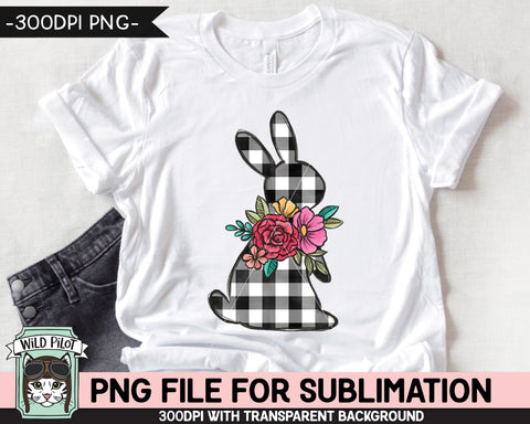 Easter SUBLIMATION design PNG, Black White Buffalo Plaid Bunny png file, Floral Bunny Rabbit silhouette sublimation, Flower Easter Bunny png Sublimation Wild Pilot 