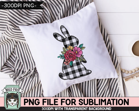 Easter SUBLIMATION design PNG, Black White Buffalo Plaid Bunny png file, Floral Bunny Rabbit silhouette sublimation, Flower Easter Bunny png Sublimation Wild Pilot 