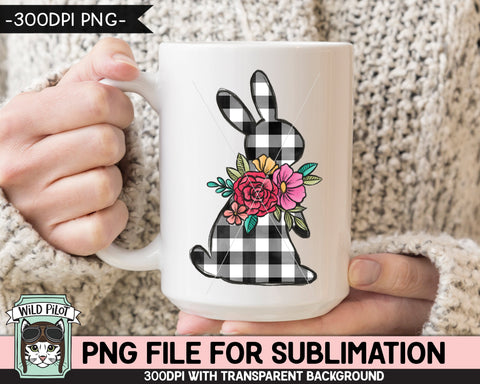 Easter SUBLIMATION design PNG, Black White Buffalo Plaid Bunny png file, Floral Bunny Rabbit silhouette sublimation, Flower Easter Bunny png Sublimation Wild Pilot 