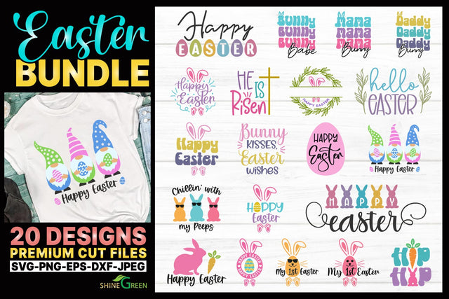 Easter SVG Bundle - 20 Premium Cut Files with Gnomes, Bunny SVG Shine Green Art 
