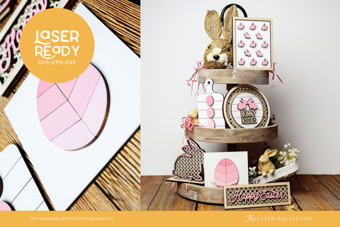 Easter Tiered Tray Decor Laser Files with Bunnies and Rattan Cane Pattern SVG The Laser Collective 