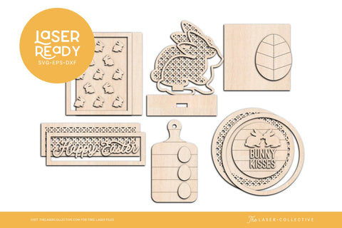 Easter Tiered Tray Decor Laser Files with Bunnies and Rattan Cane Pattern SVG The Laser Collective 