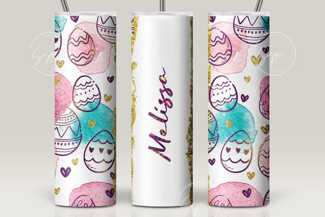 Easter Tumbler, Add Your Name, Watercolour Egg Design, Glitter Design, Easter Egg Pattern, 20 oz Skinny Tumbler Design Seamless Sublimation Sublimation Syre Digital Creations 