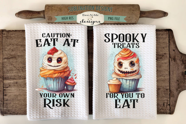 Eat At Own Risk | Spooky Treats | Cute Monster Cupcake Halloween Kitchen Towel Sublimation Sublimation Ewe-N-Me Designs 