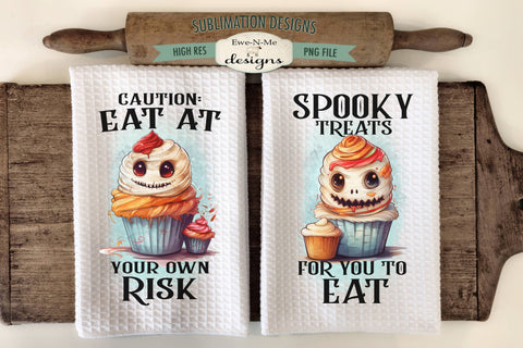 Eat At Own Risk | Spooky Treats | Cute Monster Cupcake Halloween Kitchen Towel Sublimation Sublimation Ewe-N-Me Designs 