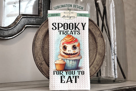 Eat At Own Risk | Spooky Treats | Cute Monster Cupcake Halloween Kitchen Towel Sublimation Sublimation Ewe-N-Me Designs 