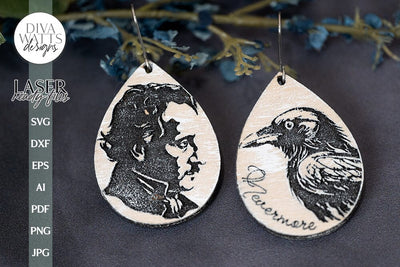 Edgar Allan Poe And Raven Earrings SVG For Laser Glowforge Edgar Allan Poe Silhouette of Face Poe Face SVG Edgar Allan Poe SVG For Halloween SVG Diva Watts Designs 
