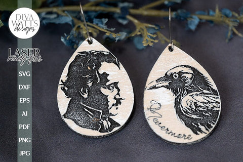 Edgar Allan Poe And Raven Earrings SVG For Laser Glowforge Edgar Allan Poe Silhouette of Face Poe Face SVG Edgar Allan Poe SVG For Halloween SVG Diva Watts Designs 