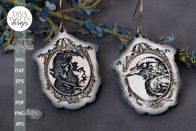 Edgar Allan Poe And Raven In Frame Earrings SVG For Laser Glowforge Edgar Allan Poe Silhouette of Poe Face SVG Edgar Allan Poe SVG Halloween SVG Diva Watts Designs 