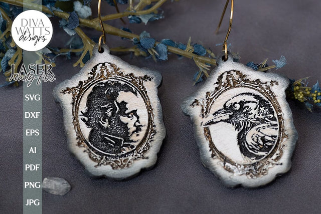 Edgar Allan Poe And Raven In Frame Earrings SVG For Laser Glowforge Edgar Allan Poe Silhouette of Poe Face SVG Edgar Allan Poe SVG Halloween SVG Diva Watts Designs 