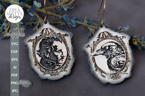 Edgar Allan Poe And Raven In Frame Earrings SVG For Laser Glowforge Edgar Allan Poe Silhouette of Poe Face SVG Edgar Allan Poe SVG Halloween SVG Diva Watts Designs 