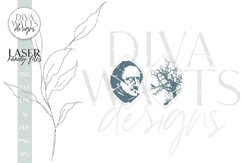 Edgar Allan Poe And Raven In Tree Earrings SVG For Laser Glowforge Edgar Allan Poe Silhouette of Poe Face SVG Edgar Allan Poe SVG Halloween SVG Diva Watts Designs 