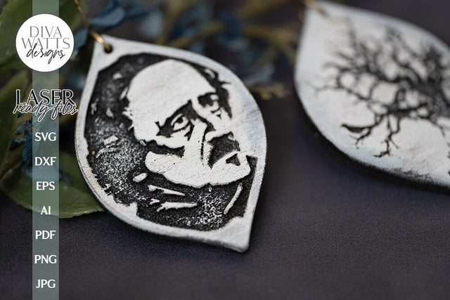 Edgar Allan Poe And Raven In Tree Earrings SVG For Laser Glowforge Edgar Allan Poe Silhouette of Poe Face SVG Edgar Allan Poe SVG Halloween SVG Diva Watts Designs 