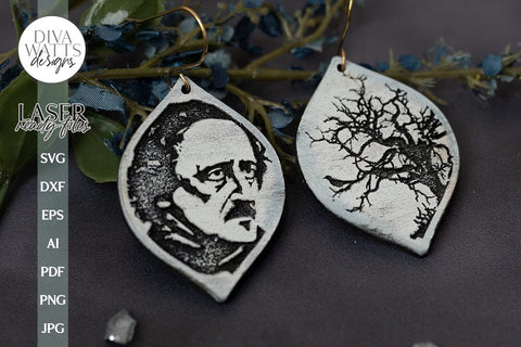 Edgar Allan Poe And Raven In Tree Earrings SVG For Laser Glowforge Edgar Allan Poe Silhouette of Poe Face SVG Edgar Allan Poe SVG Halloween SVG Diva Watts Designs 