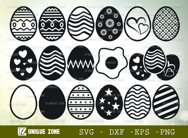 Eggs SVG Bundle, Heart Shape Egg Svg, Patterned Egg Svg, Mandala Egg Svg, Boiled Egg Svg, Kawaii Eggs Svg, Half Egg Svg, Eggs Silhouette, SVG Unique Zone 