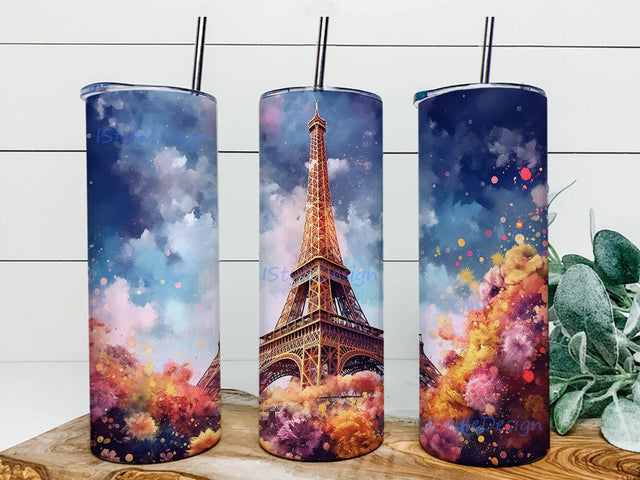 Eiffel Tower Flowers 20oz Skinny Tumbler Png, Paris Tumbler, Eiffel Tower With Purple Flowers Tumbler, Paris Eiffel Tower Tumbler, Tumbler Wrap Png Sublimation iStyleDesign 