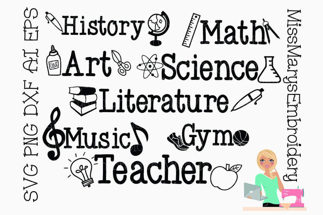 Eight School Subject Titles SVG MissMarysEmbroidery 