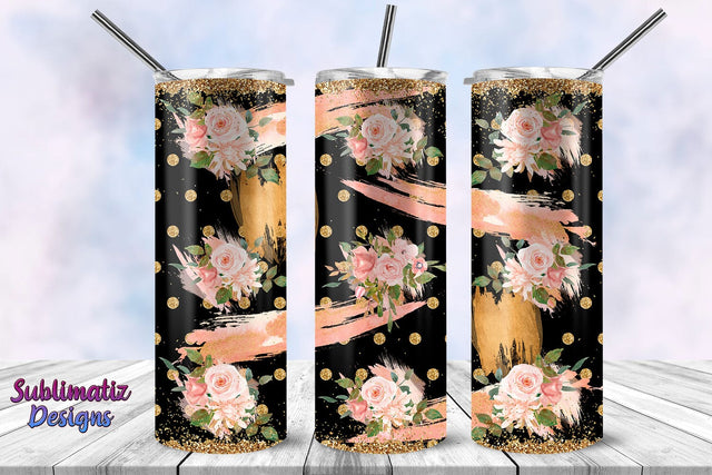 Elegant Floral Pattern & Gold Glitter Tumbler Wrap Design Sublimation Sublimatiz Designs 