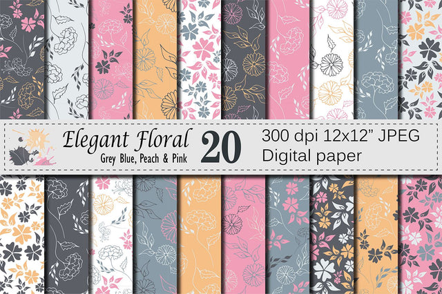 Elegant Floral Seamless Patterns - Gray Blue, Peach, Pink Digital Pattern VR Digital Design 