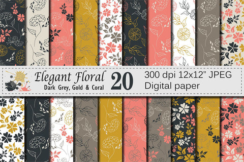 Elegant Floral Seamless Patterns - Gray, Gold, Coral Digital Pattern VR Digital Design 