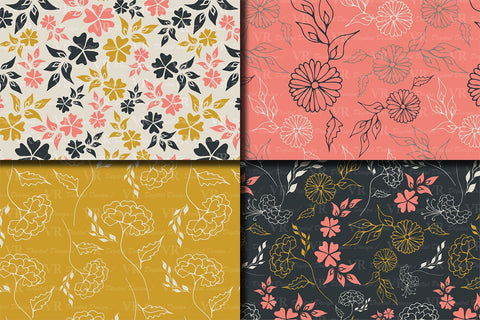 Elegant Floral Seamless Patterns - Gray, Gold, Coral Digital Pattern VR Digital Design 