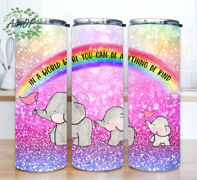 Elephant 20 oz Skinny Tumbler Sublimation Design Glitter Rainbow Elephant you can be anything be kind Straight Warped Design Digital Download Sublimation AdriOP 