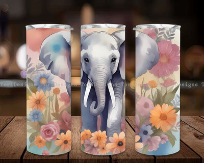 Elephant and flower 20 oz skinny tumbler sublimation design Boho Watercolor Floral animal digital PNG Sublimation ToriDesigns 