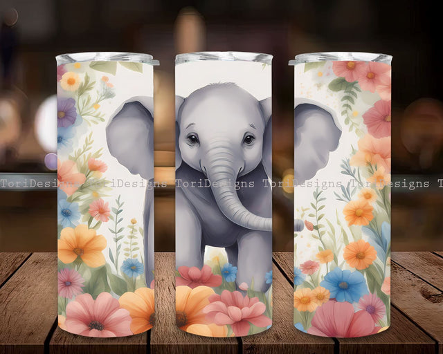 Elephant and flower 20 oz skinny tumbler sublimation design, Floral animal digital PNG Straight wrap Waterslide download Sublimation ToriDesigns 