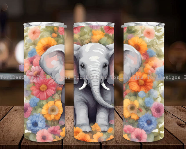 Elephant and flower 20 oz skinny tumbler sublimation design Sublimation ToriDesigns 