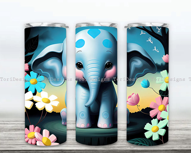 Elephant and Flowers Watercolor Tumbler PNG, Elephant 20oz Skinny Tumbler PNG, Elephant Sublimation Design Download Sublimation ToriDesigns 