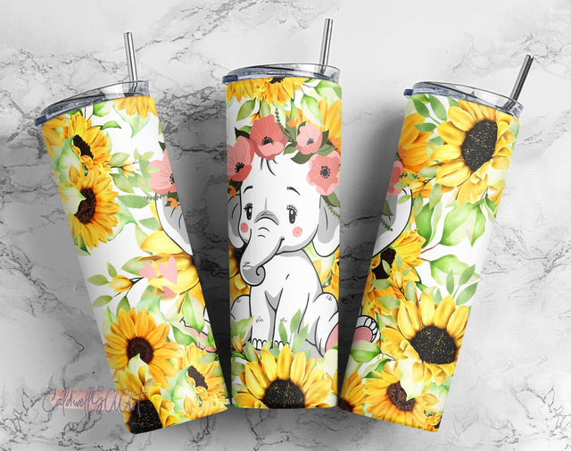 Elephant And Sunflowers 20oz Tumbler Wrap PNG Sublimation CaldwellArt 